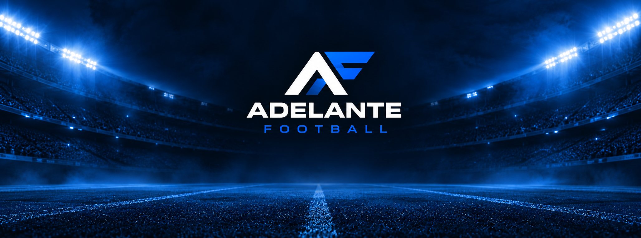 Adelante Football logo and wordmark over a floodlit stadium